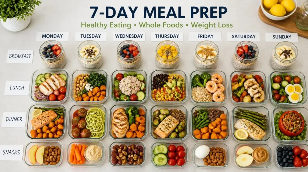 Plano de emagrecimento com preparação de refeições de 7 dias e alimentação saudável.